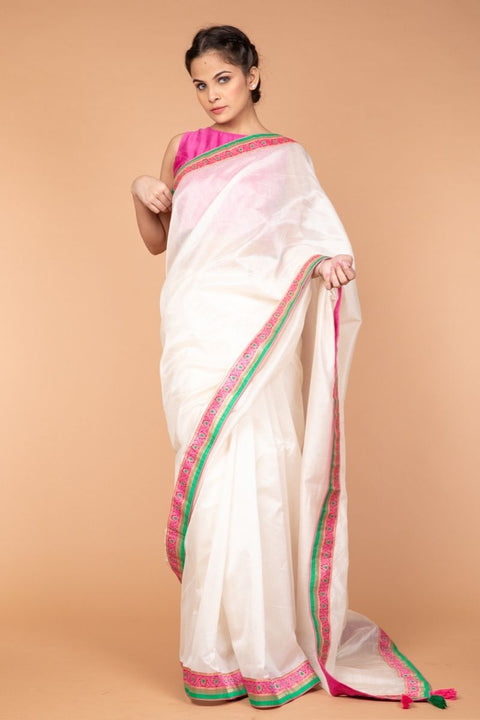 Order Handcrafted Chanderi Saree in Off-White with Pink & Green Brocade Border - Vinusto

