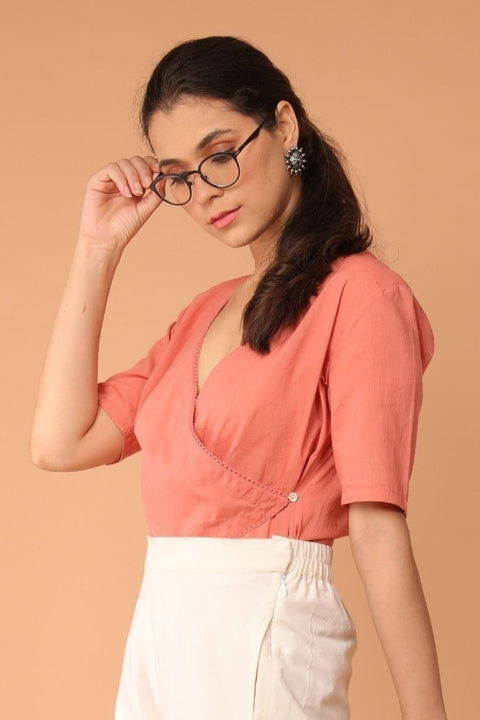 Luxury Wrap Shirt in Coral Cotton with White Loose-Fit Straight Pants in Handwoven Cotton (Set of 2) | Vinusto
