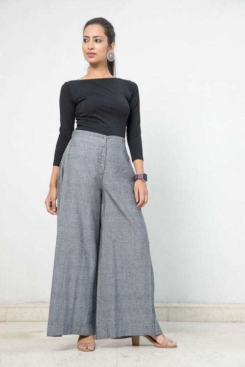 Order Handloom Cotton Flared Pants with Box Pleats in Slate Grey | Vinusto