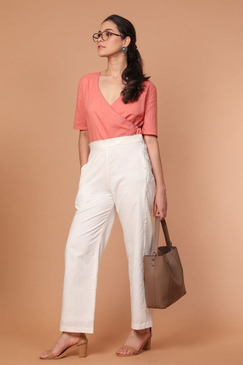 Premium Wrap Shirt in Coral Cotton with White Loose-Fit Straight Pants in Handwoven Cotton (Set of 2) | Vinusto