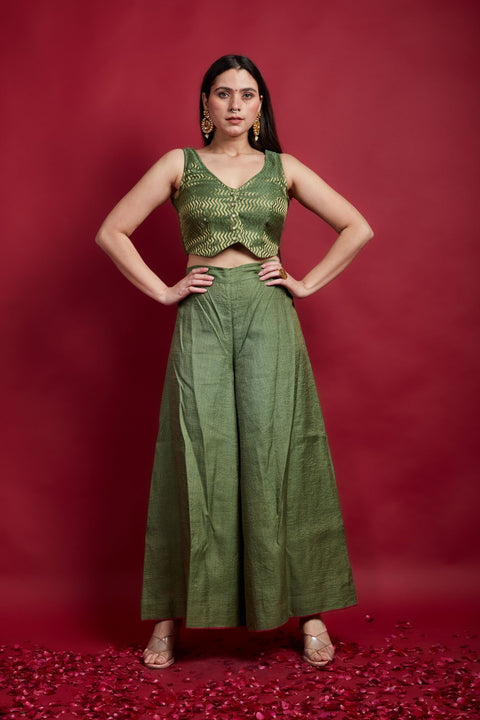 Buy Olive Green Zari Crop Top with Palazzo in Chanderi Handloom (Set of 2) | Vinusto