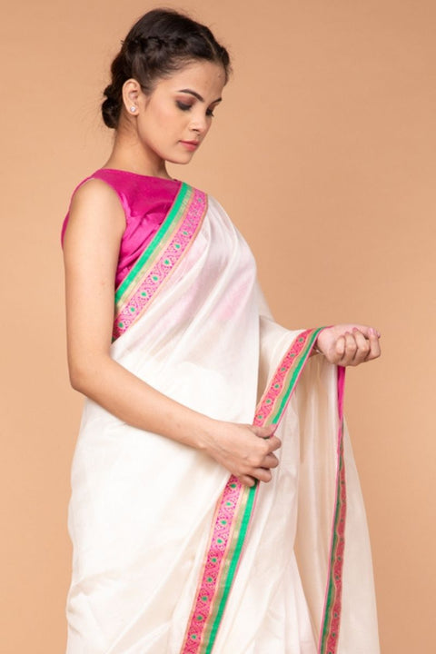Luxury Handcrafted Chanderi Saree in Off-White with Pink & Green Brocade Border - Vinusto

