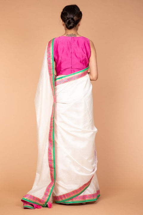 Luxury Handcrafted Chanderi Saree in Off-White with Brocade Border & Pink Chanderi Blouse | Vinusto