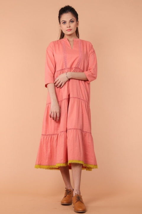 Buy Cotton Tier Dress with Lace in Coral | Vinusto