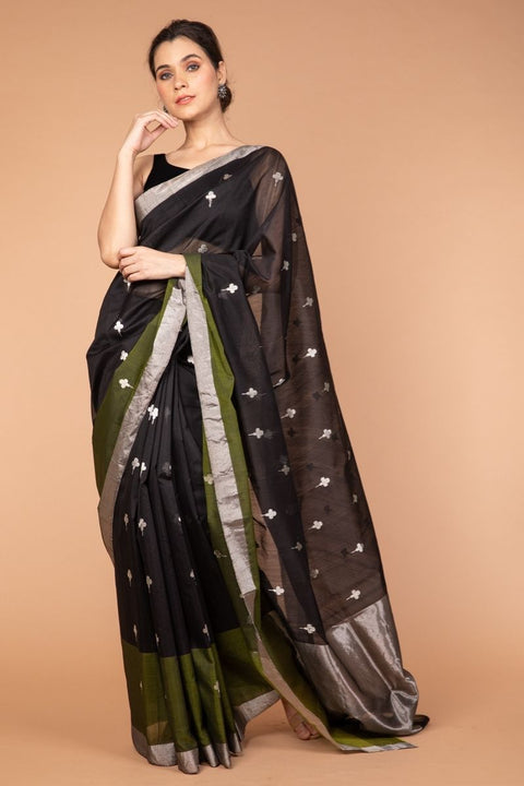 Shop Chanderi Silk Saree in Black & Olive Green - Vinusto

