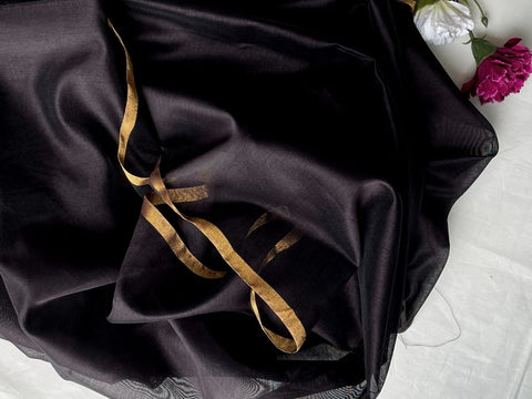 Order Handwoven Chanderi Fabric In Black With Gold Border - By Vinusto
