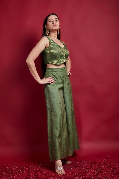 Shop Olive Green Zari Crop Top with Palazzo in Chanderi Handloom (Set of 2) | Vinusto