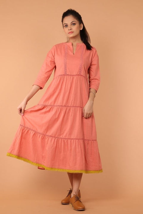 Cotton Tier Dress with lace in Coral