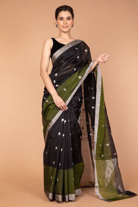 Order Chanderi Silk Saree in Black & Olive Green - Vinusto

