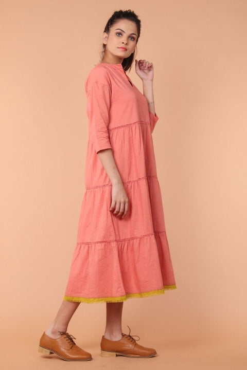 Cotton Tier Dress with lace in Coral