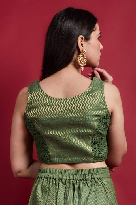 Luxury Olive Green Zari Crop Top with Palazzo in Chanderi Handloom (Set of 2) | Vinusto