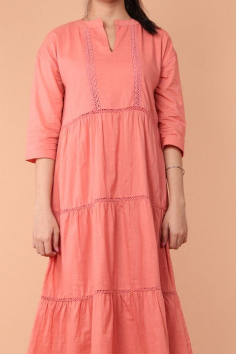 Luxury Cotton Tier Dress with Lace in Coral | Vinusto