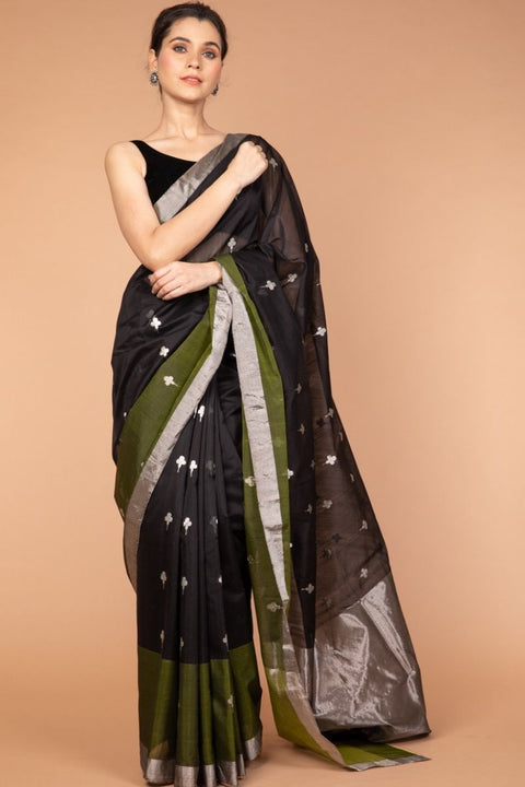 Buy Chanderi Silk Saree in Black & Olive Green - Vinusto

