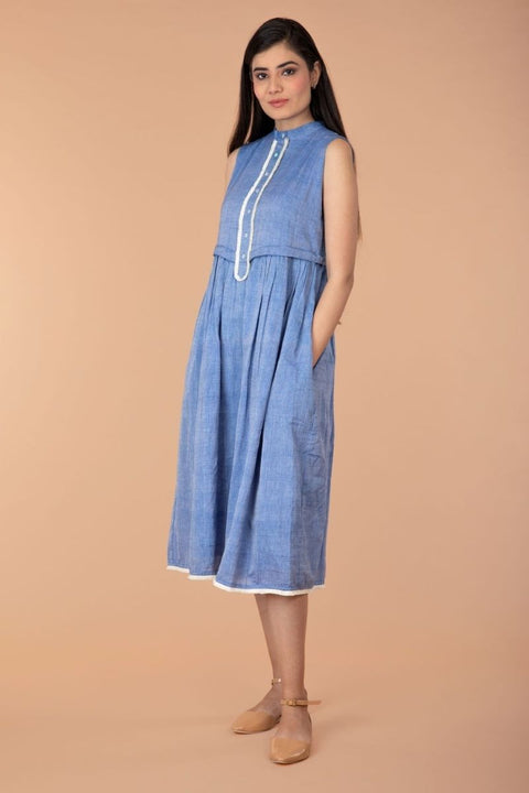 Shop Chambray Blue Fringe Placket Dress in Sambalpur Handloom Cotton | Vinusto