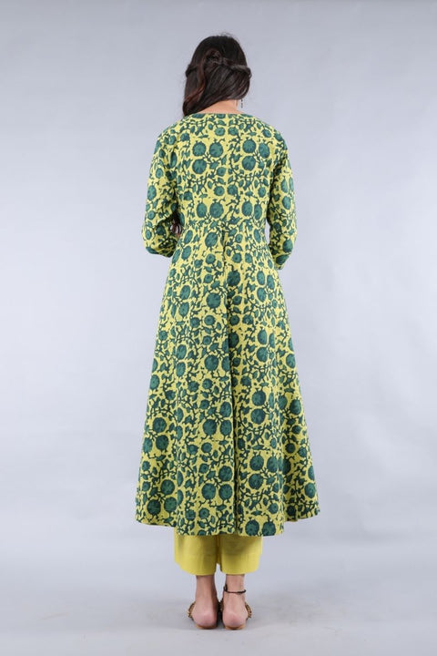 Yellow & Green Hand block Printed Cotton Jacket With Waterfall Hem