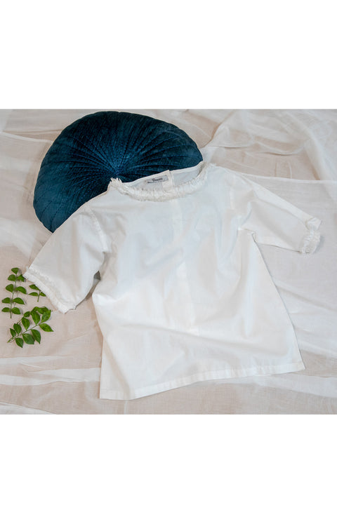 Premium White Cotton Top with Fringe Sleeves | Vinusto