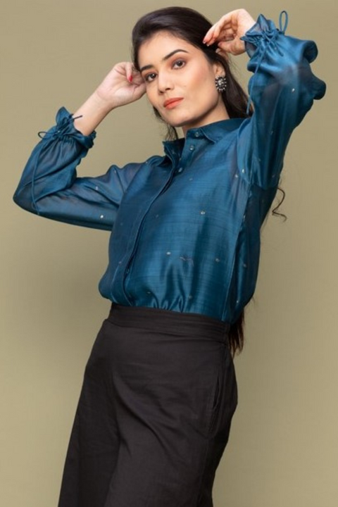 Order Teal Blue Chanderi Handloom Shirt with Balloon Sleeves | Vinusto