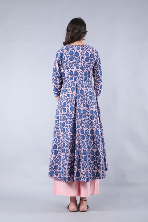 Pink & Indigo Hand block Printed Cotton Jacket With Waterfall Hem