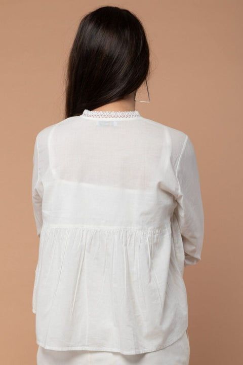 Handcraft Gathered White Cotton Top with Lace Trim | Vinusto