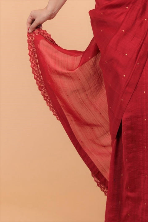 Handcraft Handcrafted Cranberry Red Chanderi Handloom Silk Saree – Vinusto

