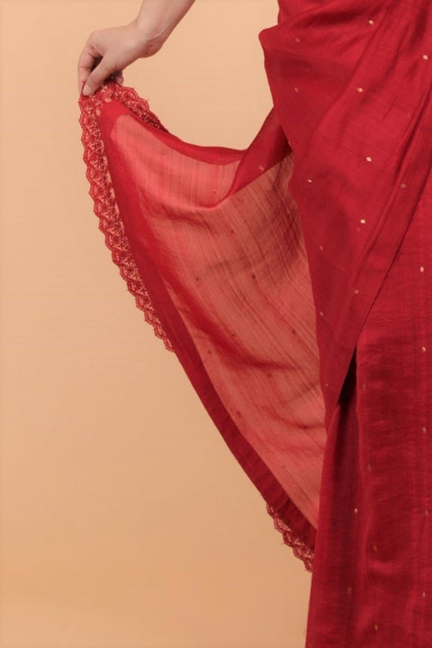 Handcrafted Saree in Cranberry Red Chanderi Handloom Silk