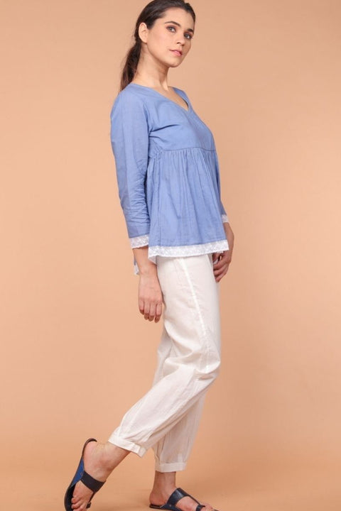 Order Angrakha Wrapped Top in Oxford Blue with Gathered Pants in White (Set of 2) | Vinusto