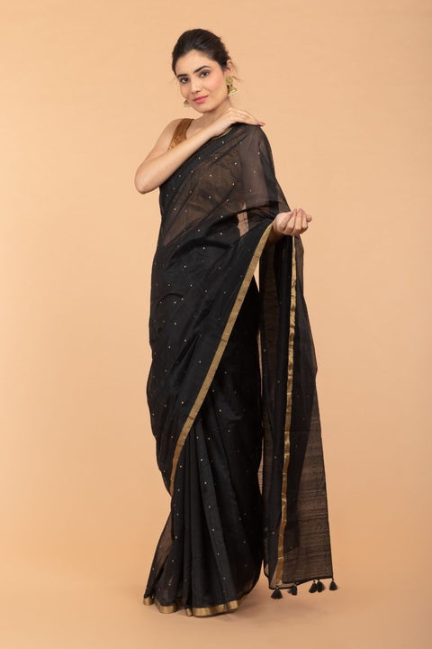 Order Handcrafted Black Chanderi Handloom Silk Saree – Vinusto