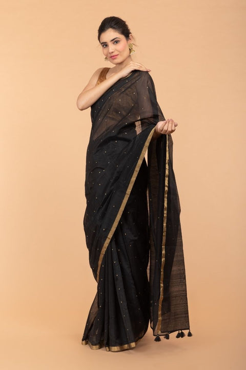 Handcrafted Saree in Black Chanderi Handloom Silk