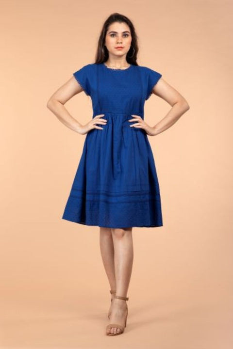 Shop Gathered Dress with Laces in Cobalt Blue Cotton | Vinusto