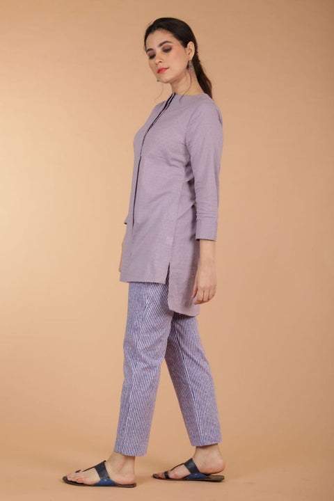 Shop Pinstripe Cotton Pants in Blue & Lilac Hand Block Print | Vinusto