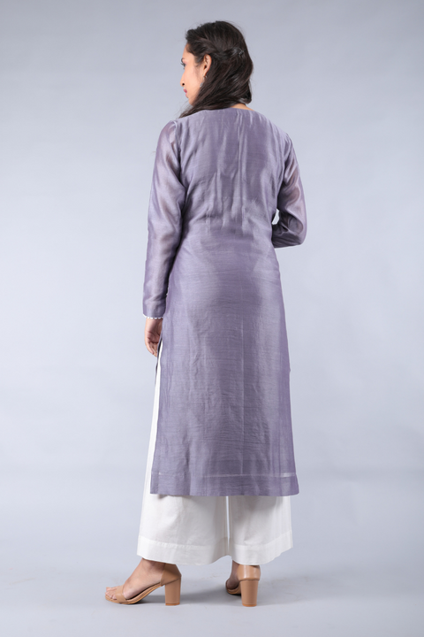 Purple Chanderi Handloom Kurta With Lace Inserts