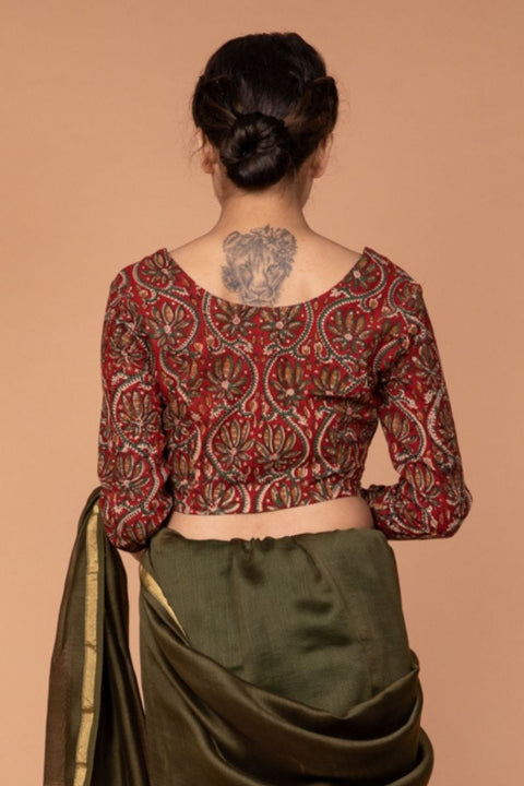 Luxury Cotton Hand Block Printed Blouse in Maroon | Vinusto