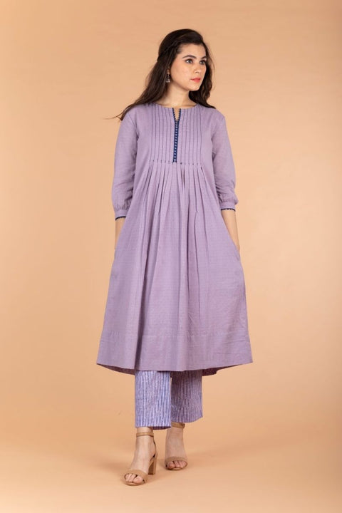Shop Lilac Swiss Dot Cotton Kurta With Pintucks & Pinstripe Straight Pants (set of 2) -  By Vinusto 