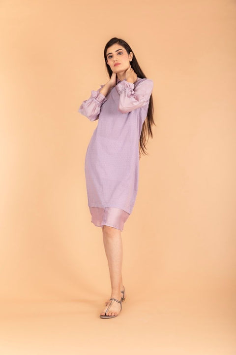 Lilac Shift Dress in Chanderi Handloom & Swiss Dot Cotton