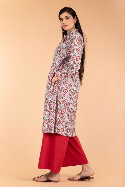 Luxury Shirt Kurta in Lilac Hand-Block Print with Red Cotton Palazzo - Set of 2 | Vinusto

