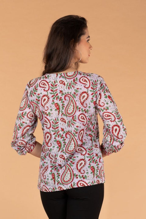 100% Pure Wrap Around Top in Lilac Hand Block Print Cotton | Vinusto