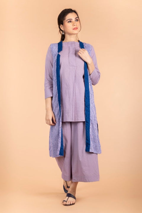 Shop Pleated Short Kurta in Lilac Textured Cotton with Lilac Cotton Palazzo & Hand Block Printed Reversible Jacket (Set of 3) | Vinusto
