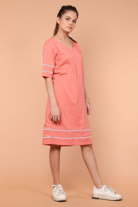 Order Shift Dress with Lace Inserts in Coral Cotton | Vinusto
