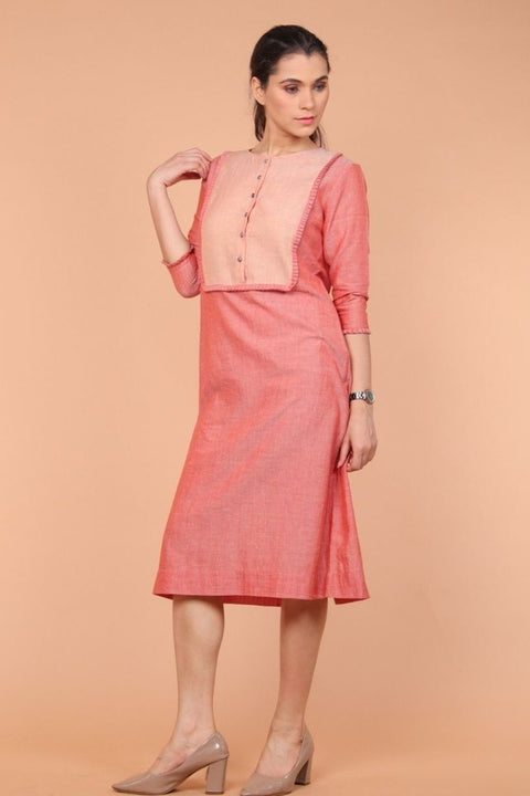 Two Tone Shift Dress in Coral Handloom Cotton