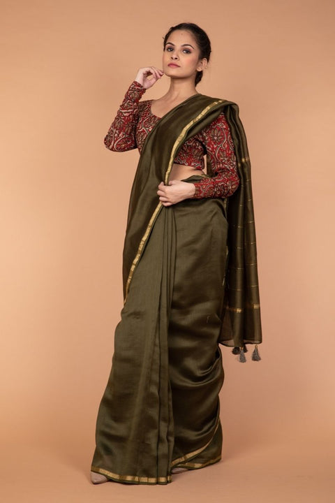 Order Chanderi Mercerized Silk Saree in Olive Green - Vinusto

