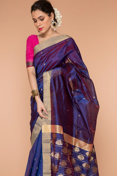 Luxury Handwoven Silk Saree in Midnight Blue - Vinusto

