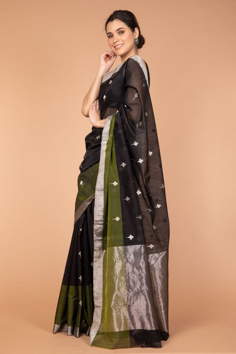 Luxury Chanderi Silk Saree in Black & Olive Green - Vinusto


