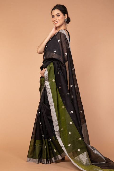 Premium Chanderi Silk Saree in Black & Olive Green - Vinusto

