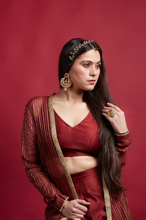 Premium Top & Pant Set with Long Shrug Jacket in Chanderi Handloom (Set of 3) | Vinusto