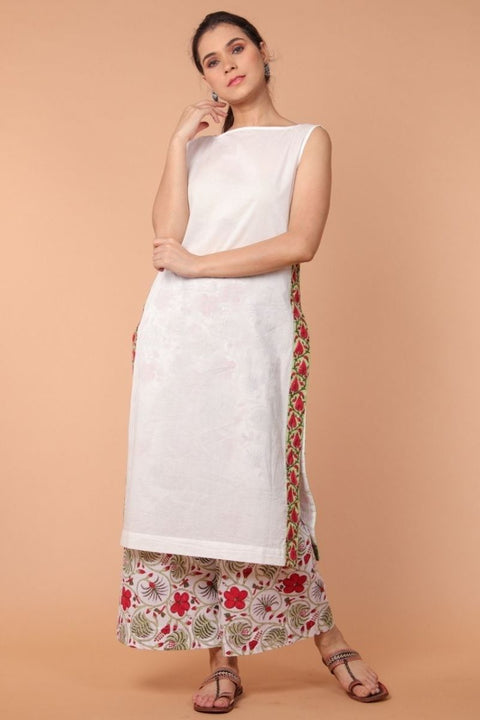 Shop Cotton Straight Fit Kurta with Side Details in White & Hand Block Printed Palazzo – Set of 2 | Vinusto

