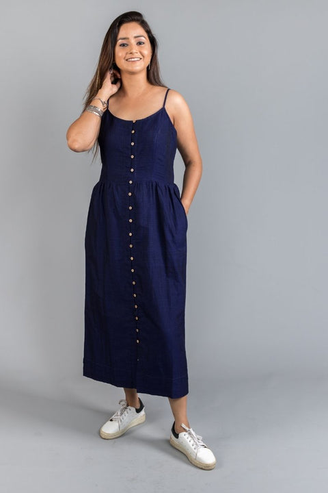 Shop Ankle-Length Strap Dress in Midnight Blue Handwoven Cotton | Vinusto