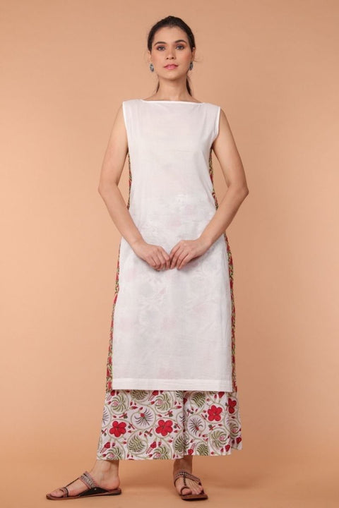White Sleeveless Cotton Kurta with Hand block Print Details