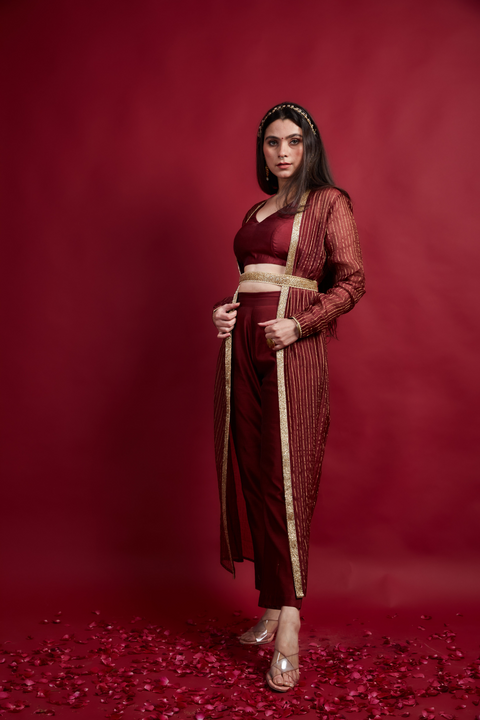 Buy Top & Pant Set with Long Shrug Jacket in Chanderi Handloom (Set of 3) | Vinusto