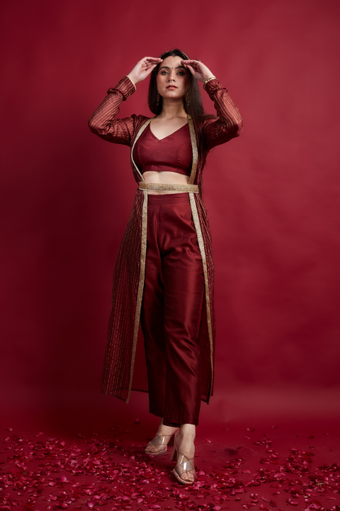 Shop Top & Pant Set with Long Shrug Jacket in Chanderi Handloom (Set of 3) | Vinusto