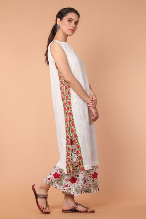 Cotton Straight Fit Kurta with Side Details in White with Hand Block Printed Palazzo (Set of 2)
